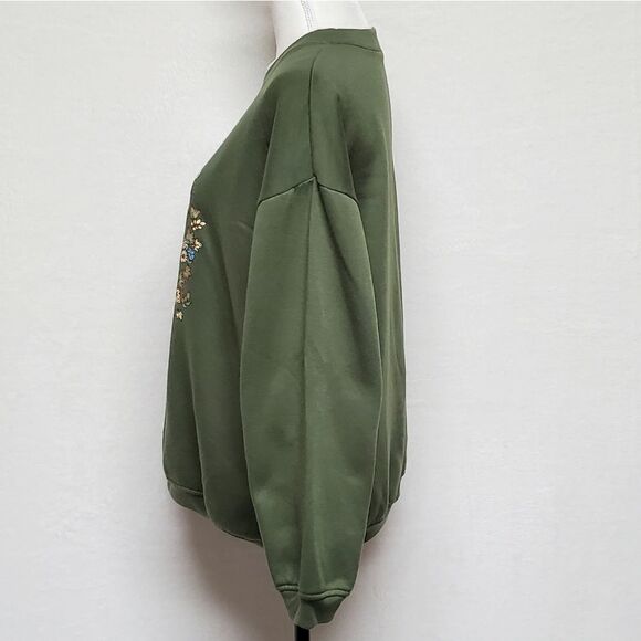 Vintage 90s Basic Editions Olive Green Teddy Bear Floral Fleece Lined Sweatshirt - Picture 6 of 11